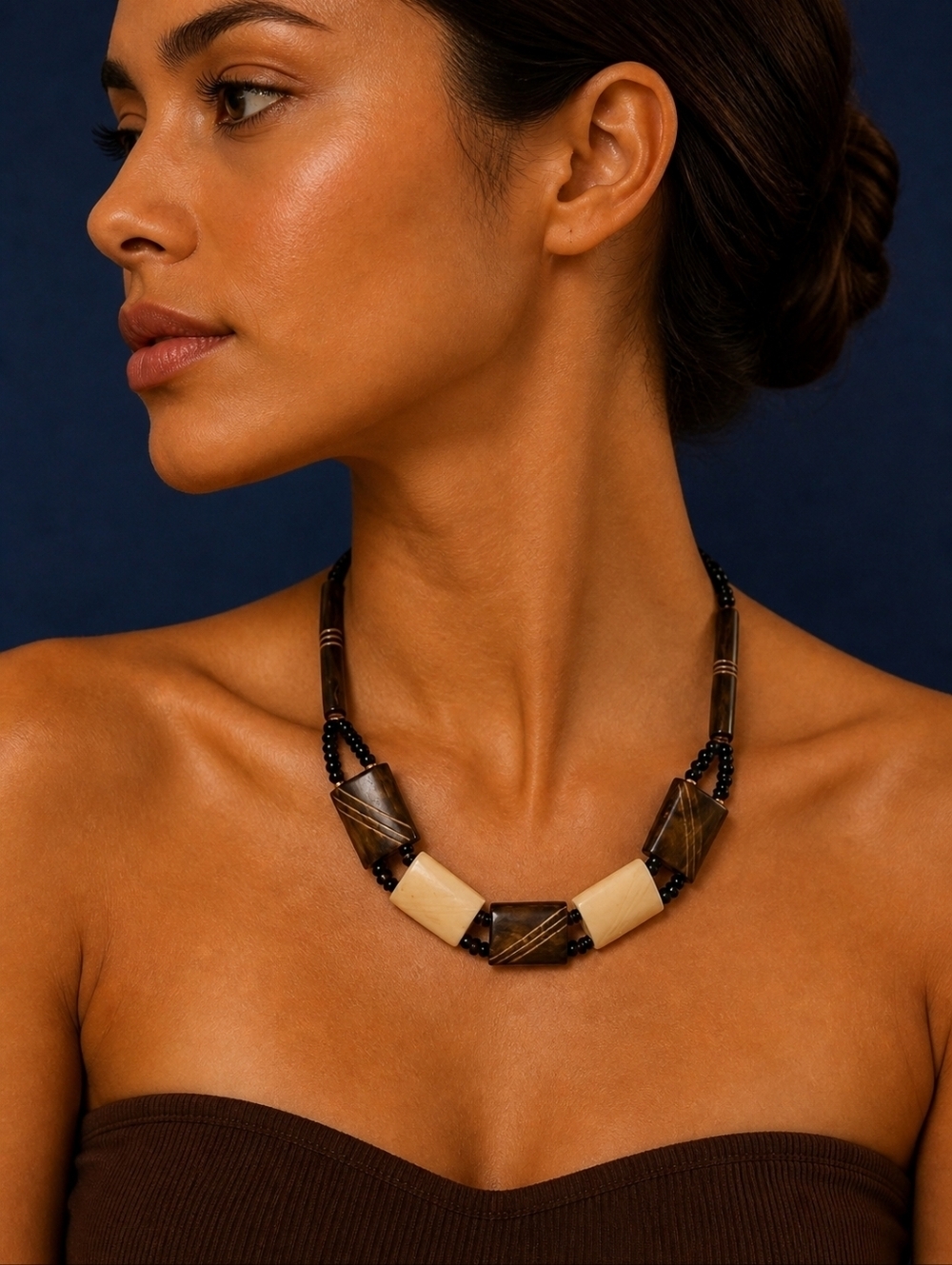 Vintage African Tribal Horn Beaded Unisex Collar Necklace